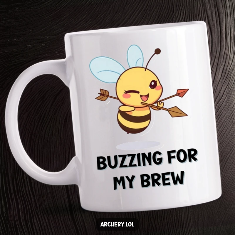 Funny Bee Archer Mug featuring a happy bee squinting intensely as it aims a bow and arrow, ready to strike.