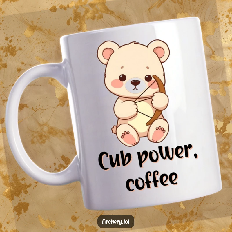 Funny bear cub archer mug showing a focused cub holding a large bow with both paws, perfect humorous gift.