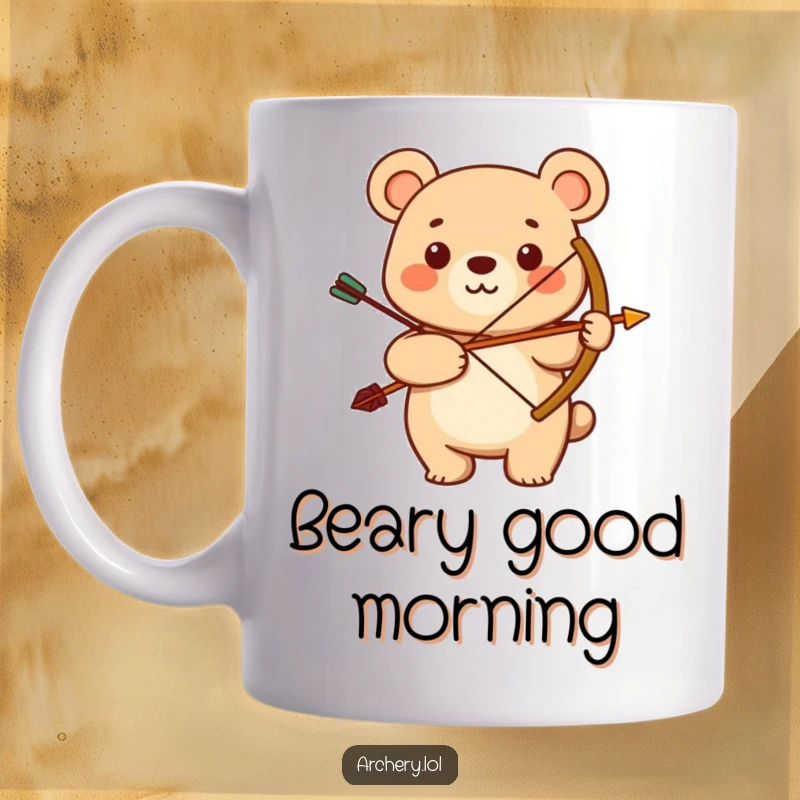 Funny mug with a smiling bear proudly holding a bow and arrow. Great gift for bear lovers and archery enthusiasts.