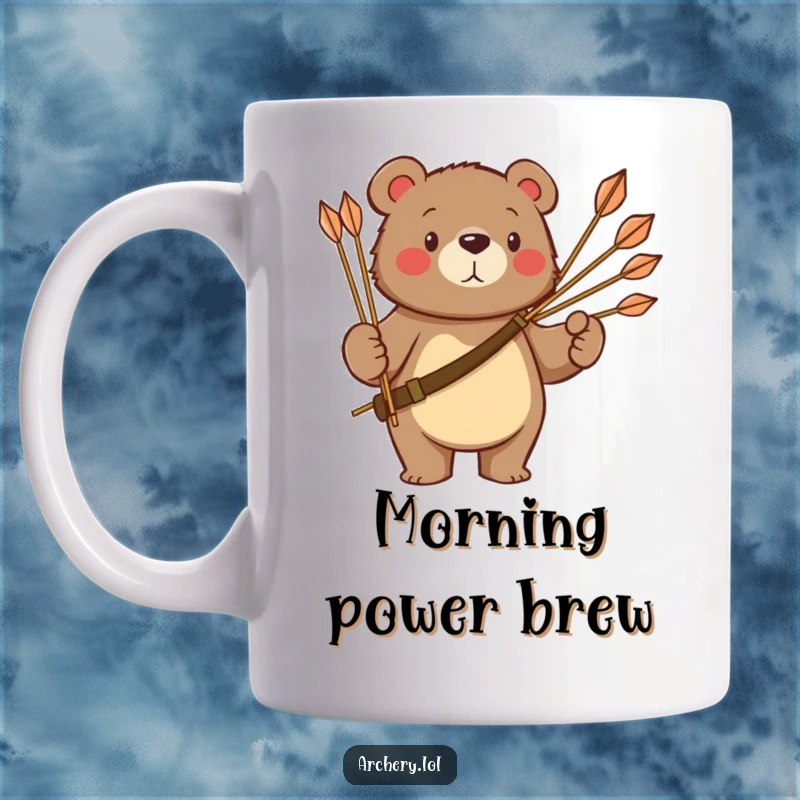 Funny bear mug showing a proud, powerful bear holding a quiver full of arrows, ready for the hunt with a stoic expression.