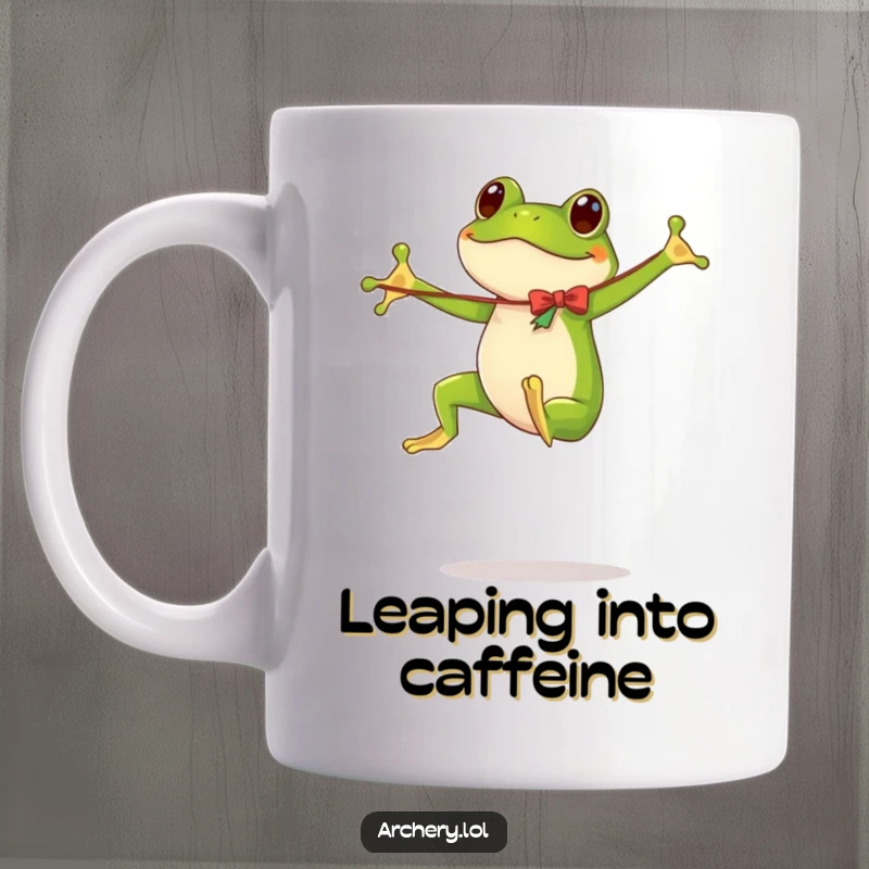 Funny mug of a cartoony frog mid-leap, struggling slightly with a long, flimsy bow.