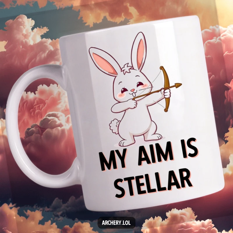 Funny mug with a happy bunny drawing a bow, aiming with a smile. Perfect for archery lovers and gift-givers.