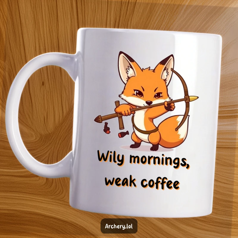 Funny Fox Archer Mug featuring a determined fox striking a focused archery pose, ready to take aim.