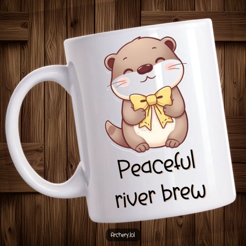Funny mug showcasing a serene otter contentedly holding a decorative bow, radiating tranquility and joy.