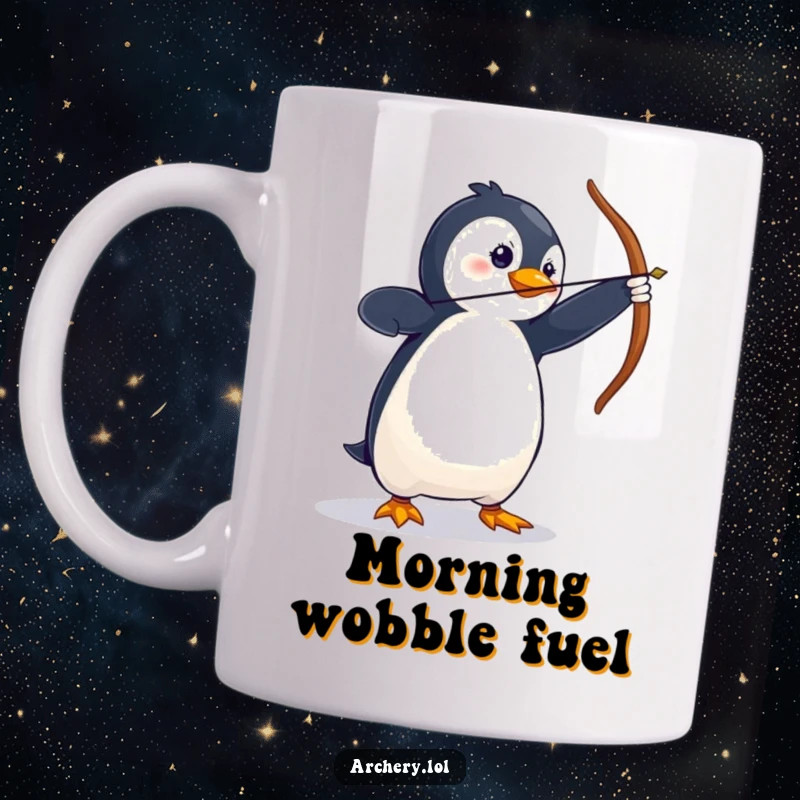 Funny Mug showing a wobbly penguin in a dramatic archery stance, comically trying to aim.
