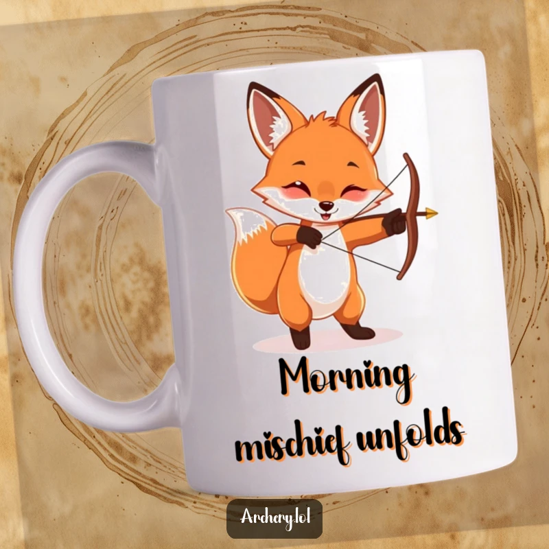 Funny playful fox mug, twirling a bow and arrow with a mischievous grin, ready for fun.
