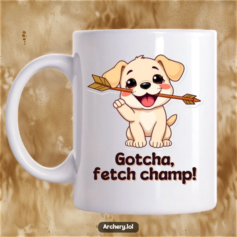 Funny Puppy Archer Mug: A delighted puppy joyfully catches an arrow in its mouth, perfect for a hilarious gift.