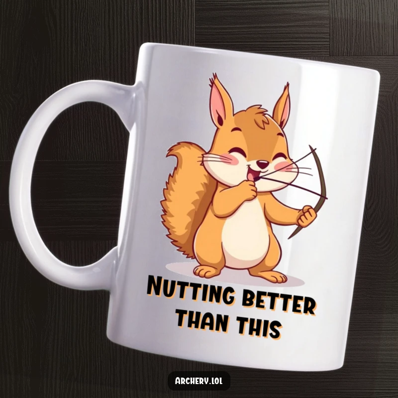 Funny squirrel mug, intensely focused, drawing a bow and arrow with precision, ready to shoot a perfect aim.
