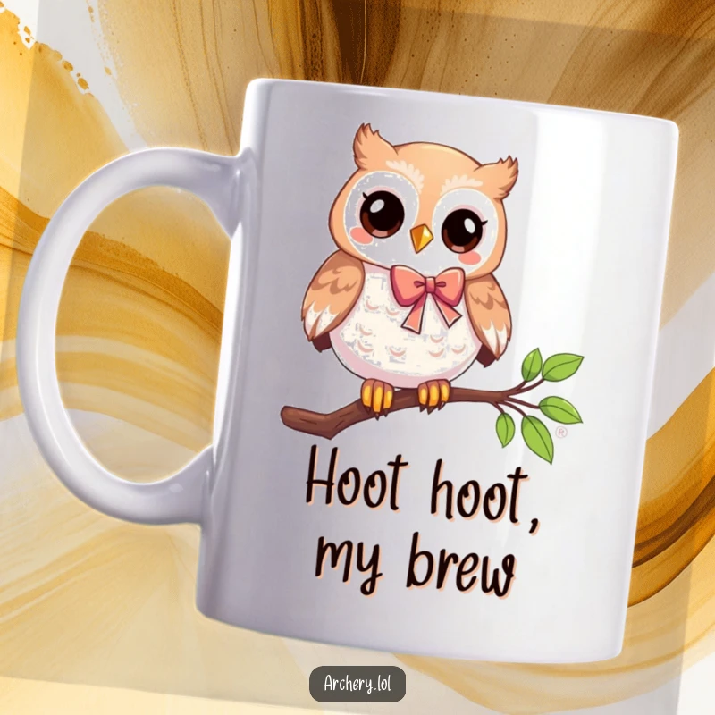 Funny mug depicting a playful owl perched on a branch, holding a bow and arrow, showcasing a wise and humorous target practice.