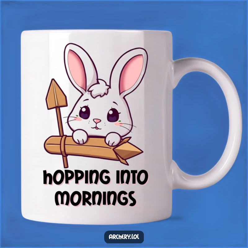 Funny Curious Rabbit Archer Mug: Excited Bunny with Arrow, Perfect Gift