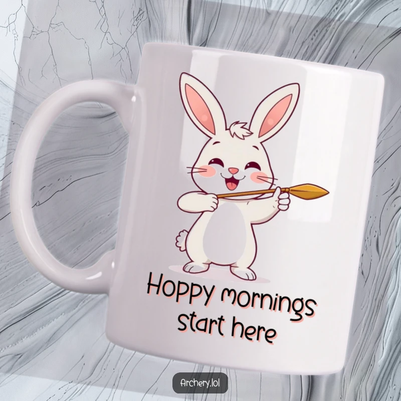 Funny Rabbit Archer Mug featuring a cheerful rabbit smiling broadly as it shoots an arrow with determination.