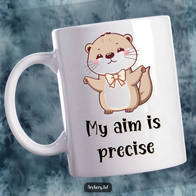 Funny otter mug with a playful expression drawing a miniature bow, ready for a tiny shot, showcasing whimsical archery dreams.