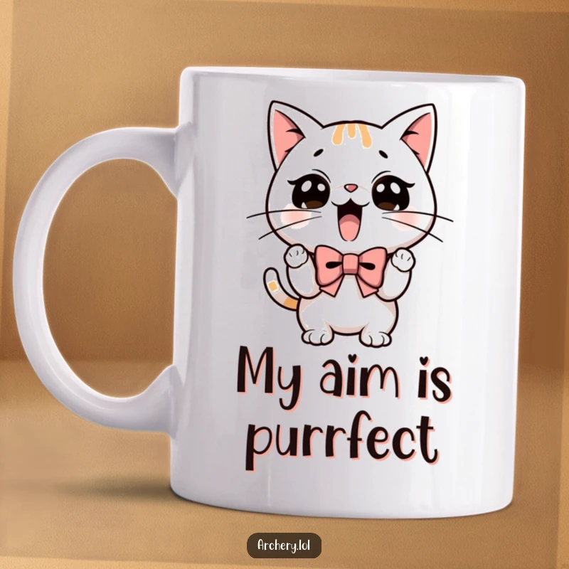Funny mug of an excited cat with determined whiskers, skillfully drawing back a bow, ready to take aim.
