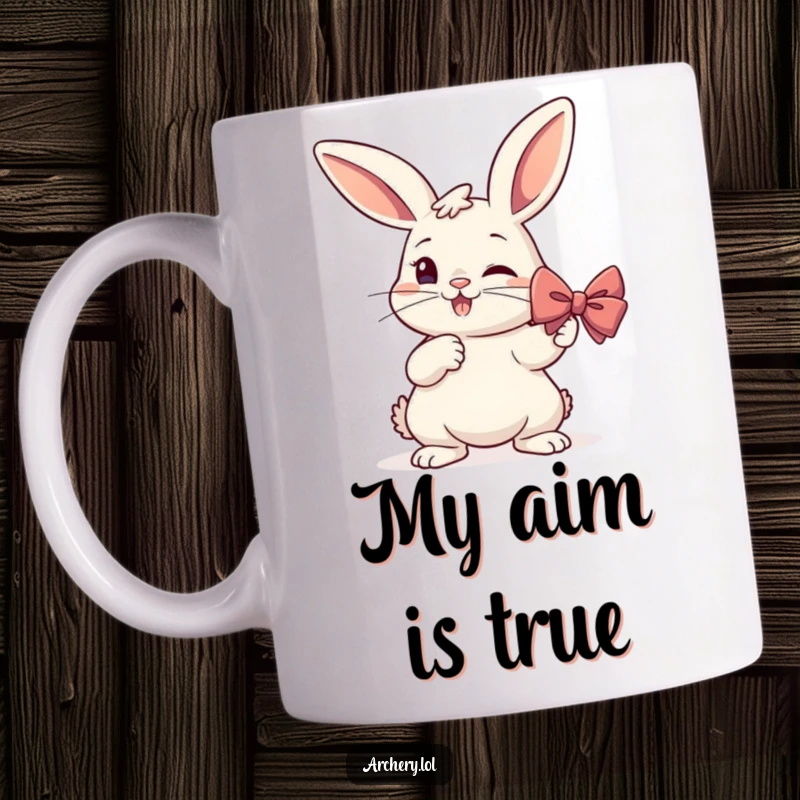 Funny Rabbit Archer Mug: A determined bunny with a serious face draws a bow, ready to shoot, for a humorous gift.