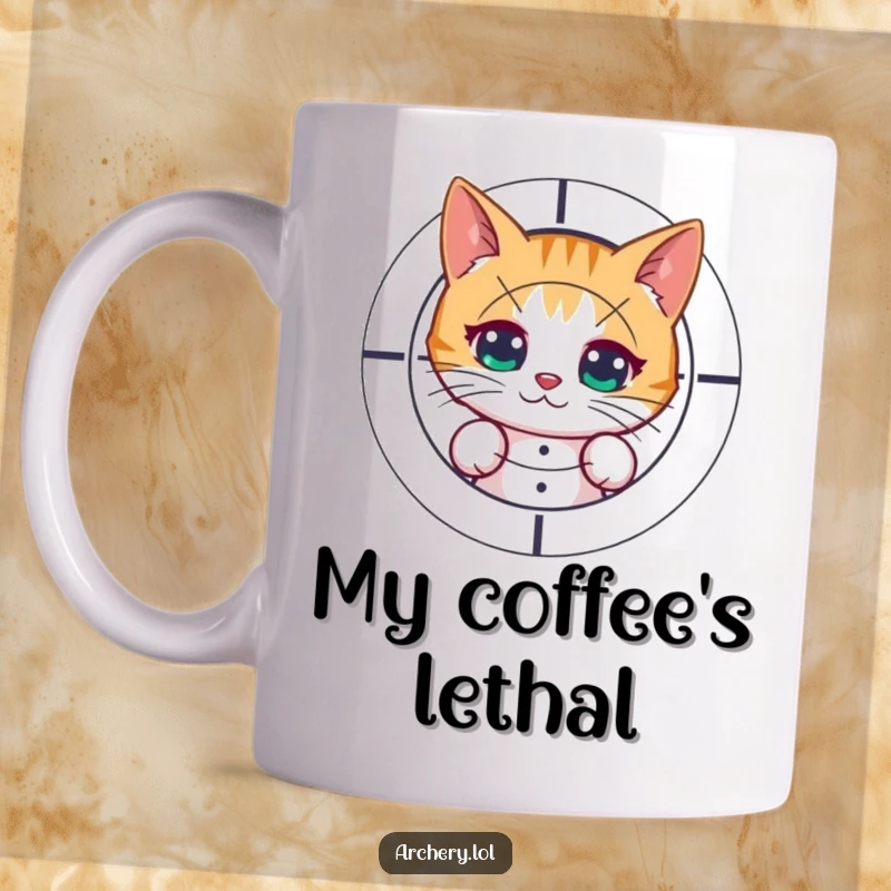 Funny mug with a curious cat peeking from behind a target after shooting an arrow. Humorous and quirky gift idea.