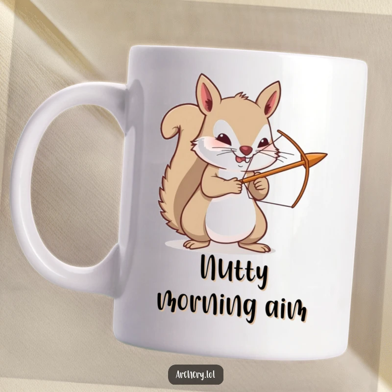 Funny squirrel mug with a tiny bow and arrow, showing fierce determination and aiming for a bullseye with a playful spirit.