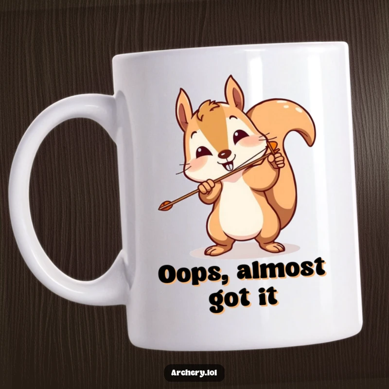 Funny squirrel archer mug showing a comical miss with a wild arrow, perfect for a humorous gift.