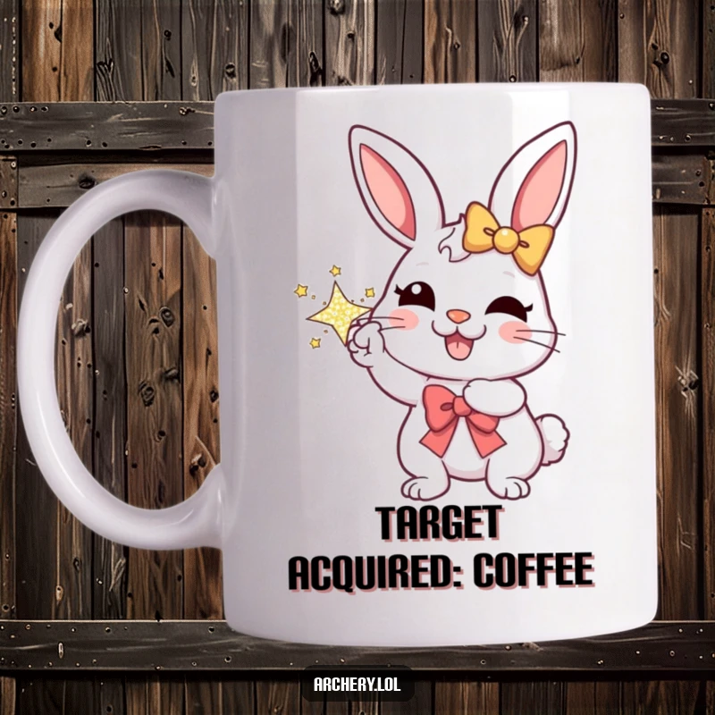 Funny mug featuring a cheerful rabbit aiming a sparkly bow with a joyful, determined expression, ready for action.