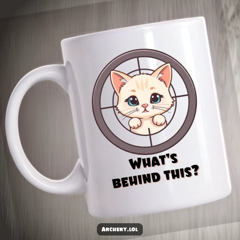 Funny Curious Cat Target Mug: A playful cat peeks from behind a target, offering a humorous surprise.