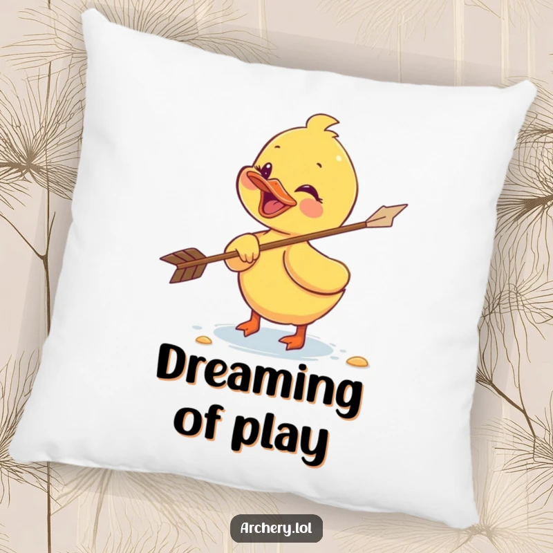 Funny duckling pillow with a giggling duckling chasing a flying arrow, perfect for adding cute and humorous decor.