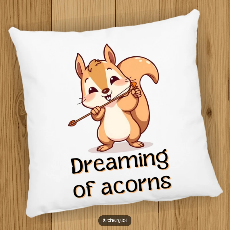 Funny squirrel archer pillow featuring a playful squirrel comically missing the target, offering comfort and humor.