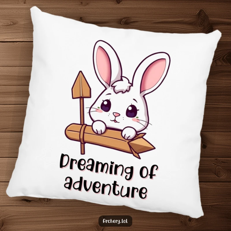 Funny Curious Rabbit Pillow: An excited rabbit peeks over its drawn bow, featured on a soft pillow for maximum comfort and fun.