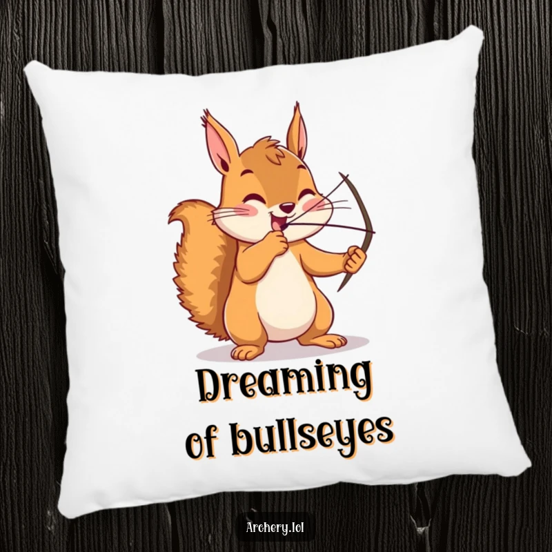 Funny squirrel pillow, an enthusiastic archer drawing a bow with intense focus, soft accent cushion, perfect for comfort.