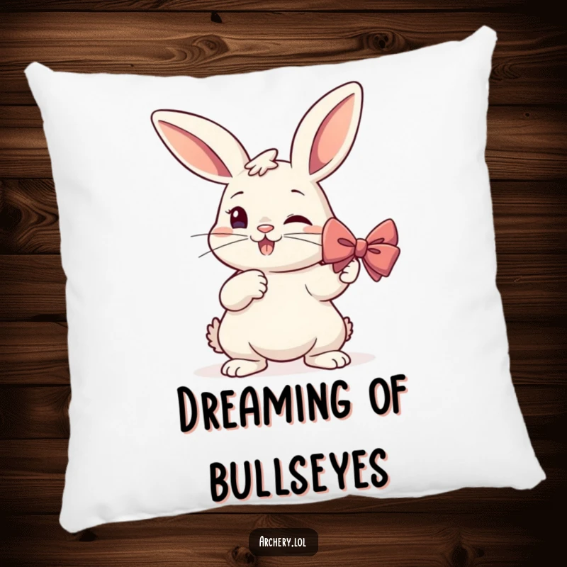 Funny Rabbit Archer Pillow: A soft pillow with a determined rabbit drawing a bow, ideal for humorous home decor.