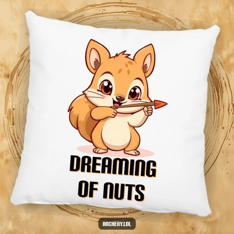 Funny squirrel archer pillow featuring a happy squirrel aiming an arrow with wide, determined eyes, perfect for cozy vibes.