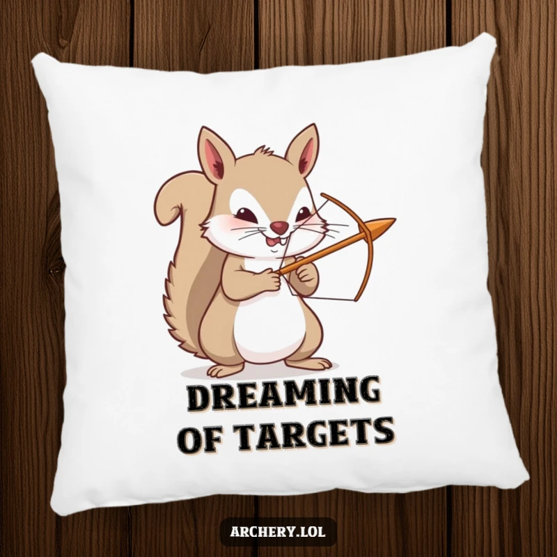 Funny squirrel pillow, a cute and determined archer rodent with a miniature bow and arrow, ready to relax after aiming.