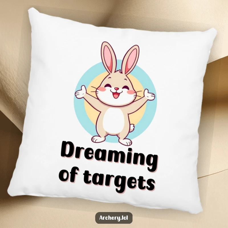 Funny pillow featuring a cheerful rabbit celebrating a bullseye with a bow, providing cozy humor and a touch of archery victory.