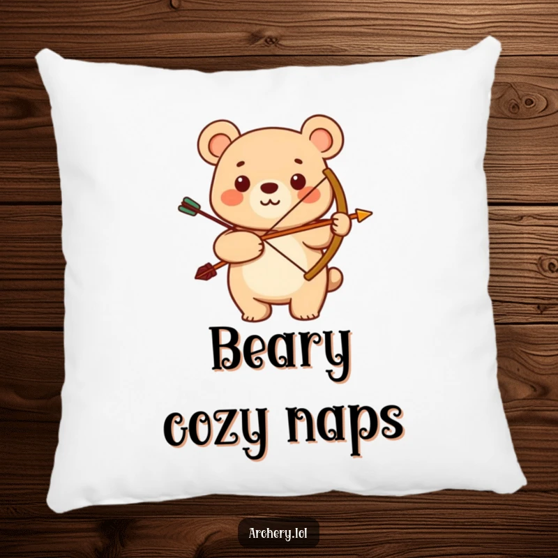 Funny pillow with a smiling bear proudly holding a bow and arrow. Soft, decorative, and humorous home accessory.