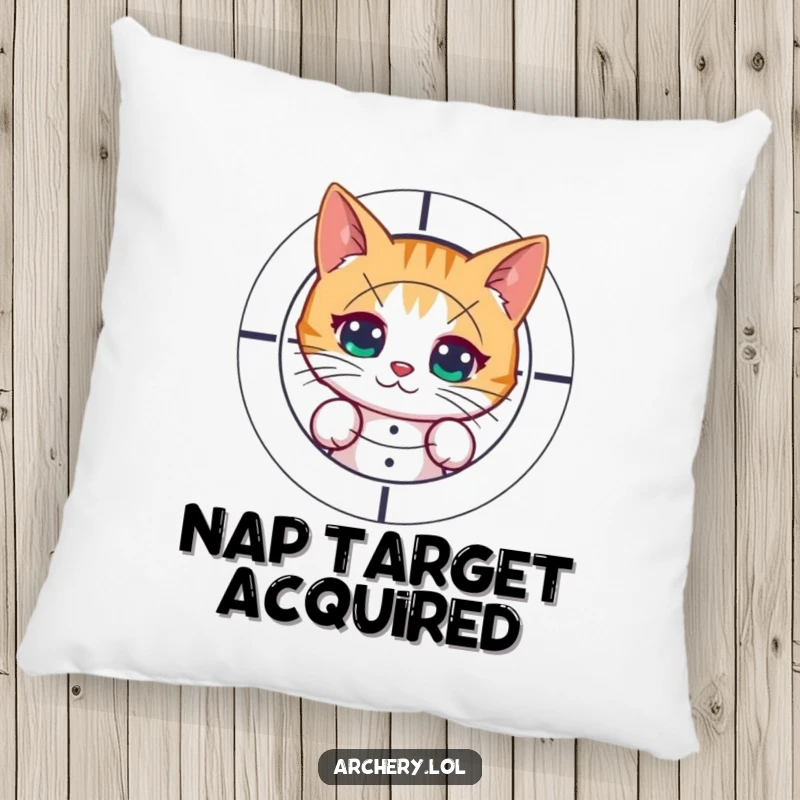 Funny pillow with a curious cat peeking from behind a target after a shot. Soft, decorative, and humorous home accessory.