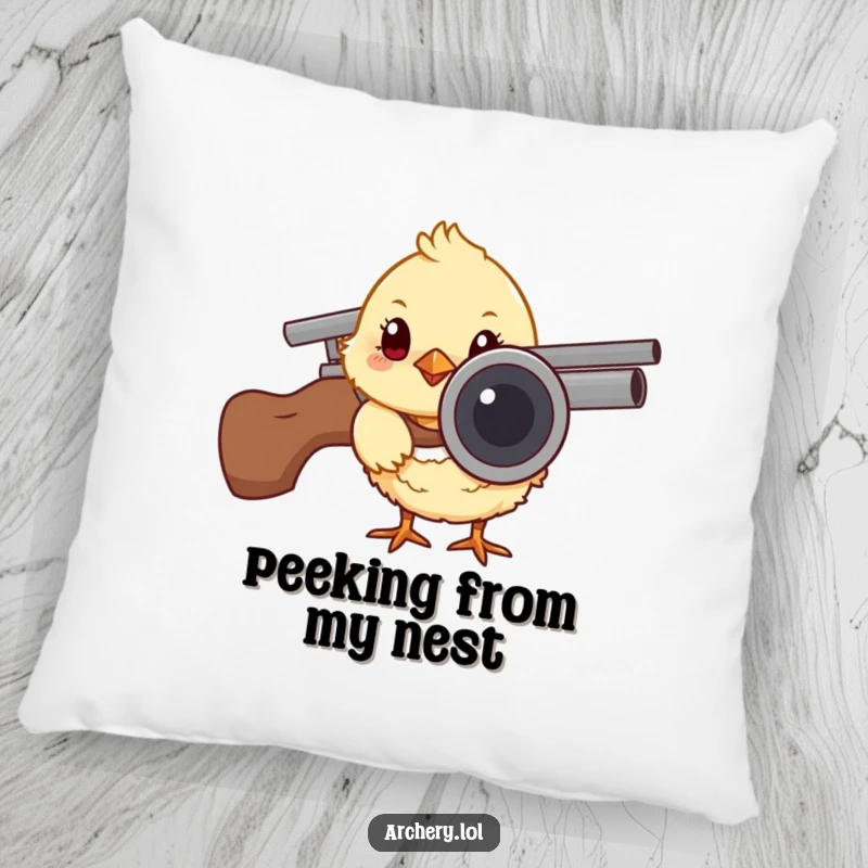 Funny pillow featuring a curious chick peeking from behind an arrow quiver, providing cozy humor and a touch of archery cuteness.