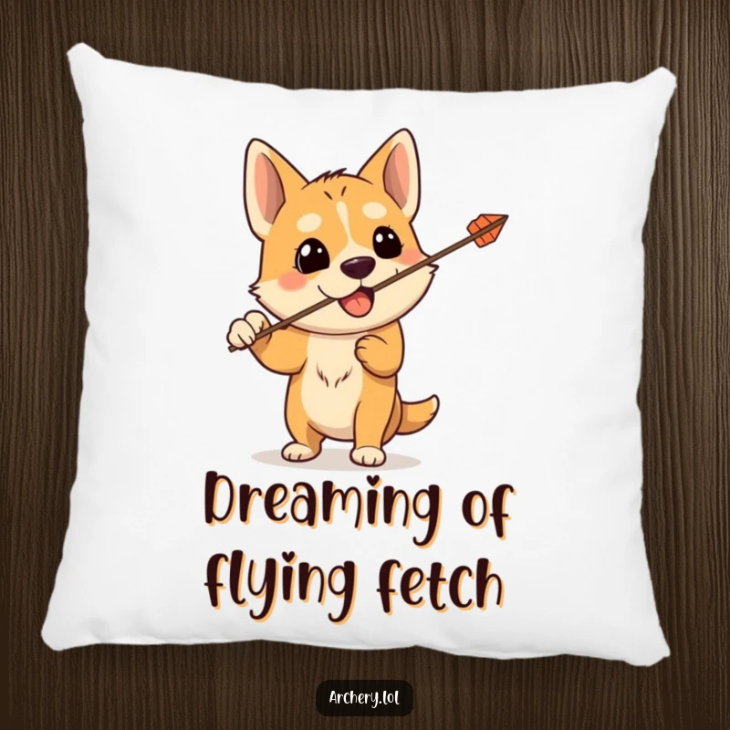 Funny pillow featuring a silly dog holding a bow, its arrow comically shooting upwards, offering plush humor for pet enthusiasts.