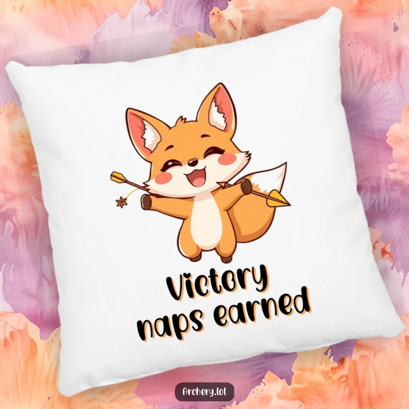 Funny fox archer pillow featuring a triumphant fox releasing an arrow, offering comfort and humor.