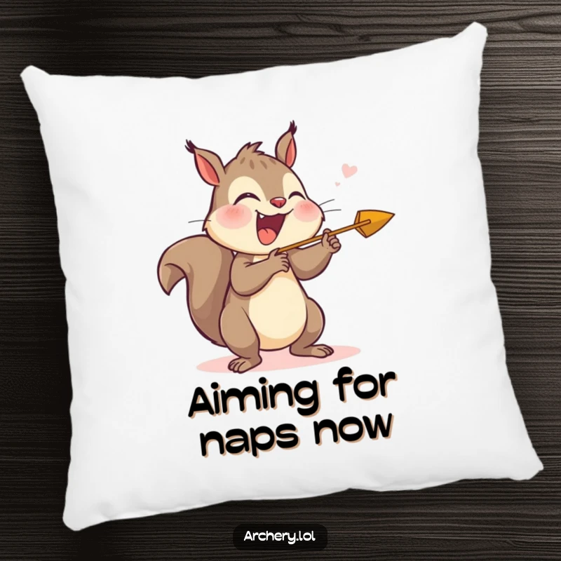 Funny pillow showcasing a giggling squirrel releasing an arrow with immense joy, a perfect humorous decorative item.