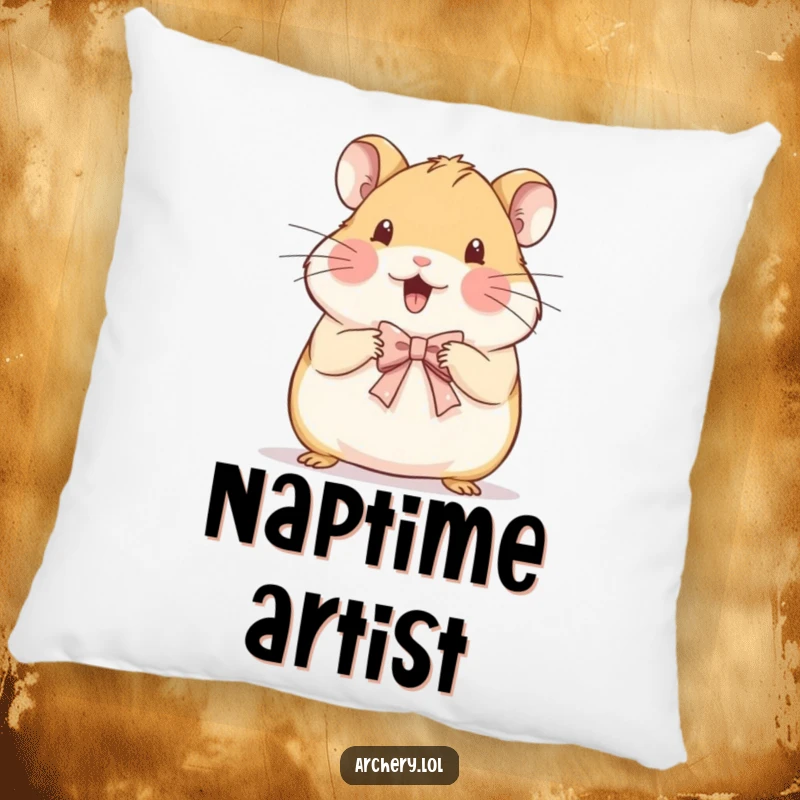 Funny pillow with a beaming hamster concentrating on drawing a tiny, delicate bow, radiating happiness.
