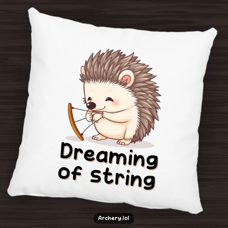 Funny pillow with a curious hedgehog focused on the humorous task of stringing a miniature bow, adding charm.