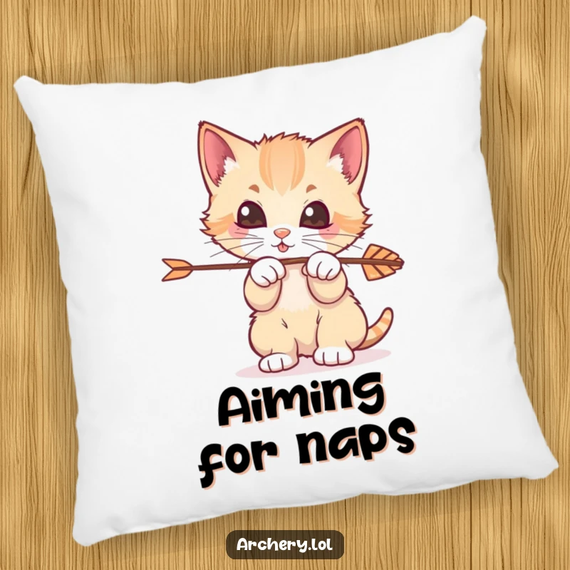 Funny Kitten Archer Pillow: A soft, decorative pillow featuring a playful kitten hilariously engaged with an arrow.