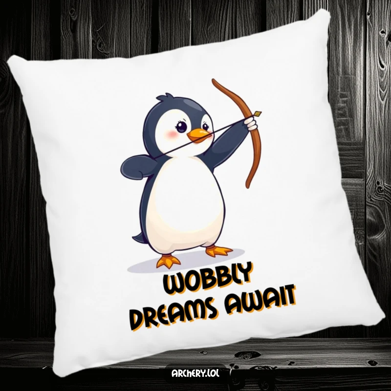 Funny Pillow with a wobbly penguin in a dramatic archery stance, adding comfort and humor to any space.