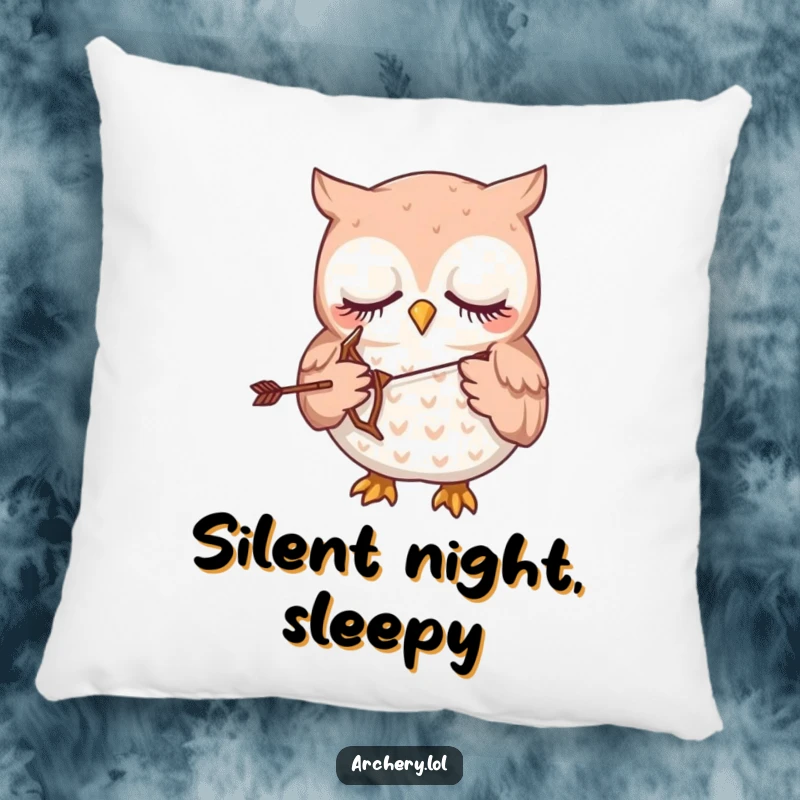 Funny pillow featuring a very sleepy owl softly grasping a tiny bow and arrow.
