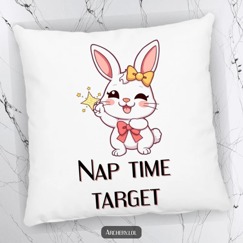 Funny pillow featuring a cheerful rabbit aiming a sparkly bow with a joyful, serene expression, offering comfort and humor.