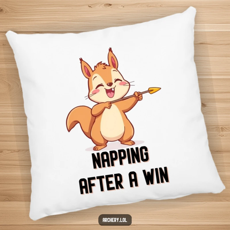 Funny Squirrel Archer Pillow: A soft pillow featuring a joyful squirrel releasing an arrow, for humorous decor.