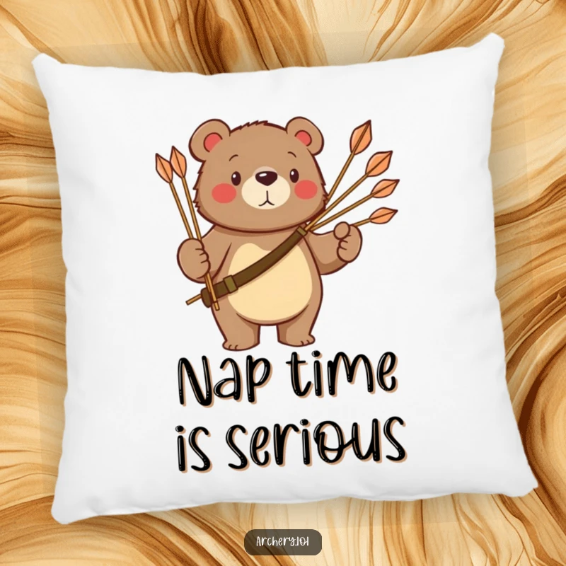 Funny bear pillow with a proud bear holding a quiver of arrows, adding a majestic and humorous touch to decor.