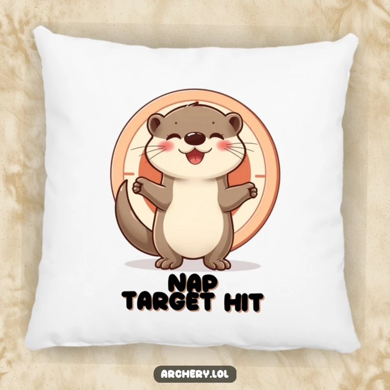 Funny otter pillow, a joyful otter stands triumphantly beside a target, offering comfort and a cheerful reminder of success.