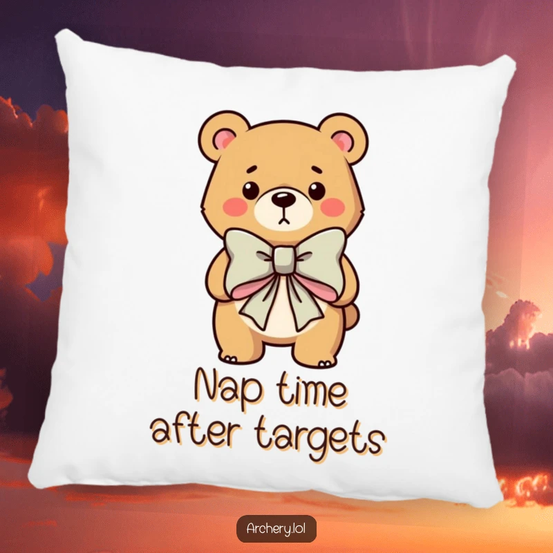 Funny pillow with a determined bear character aiming a large bow, providing humorous comfort and a touch of archery fun to any seating.