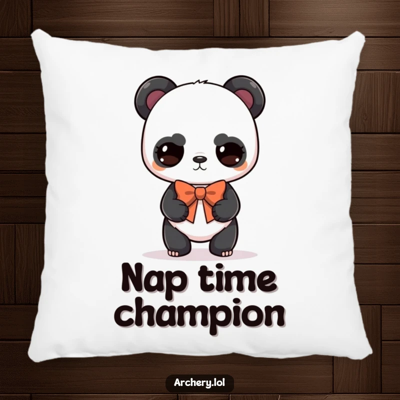 Funny panda archer pillow with a serious but cute panda balancing a bow, soft and humorous decorative gift.