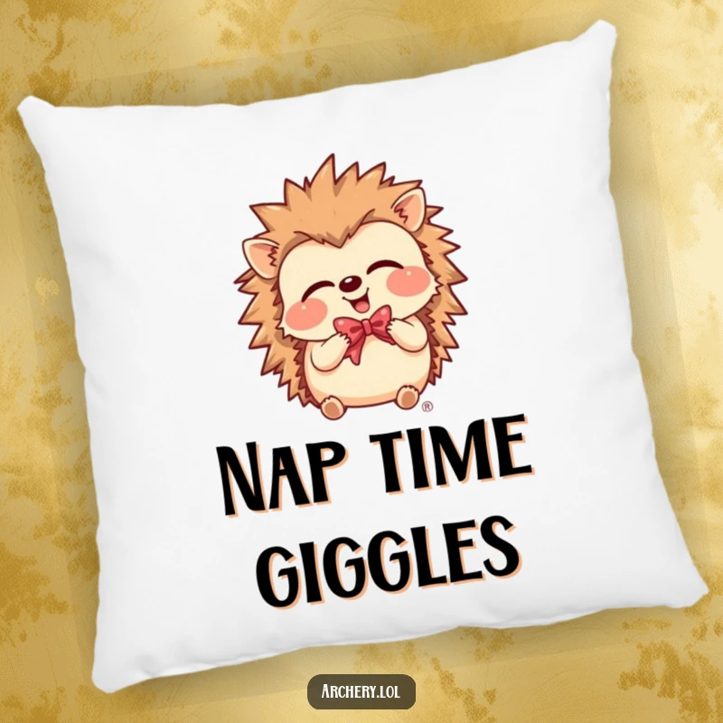 Funny Pillow featuring a giggling hedgehog holding a bow, adding comfort and laughter to any room.