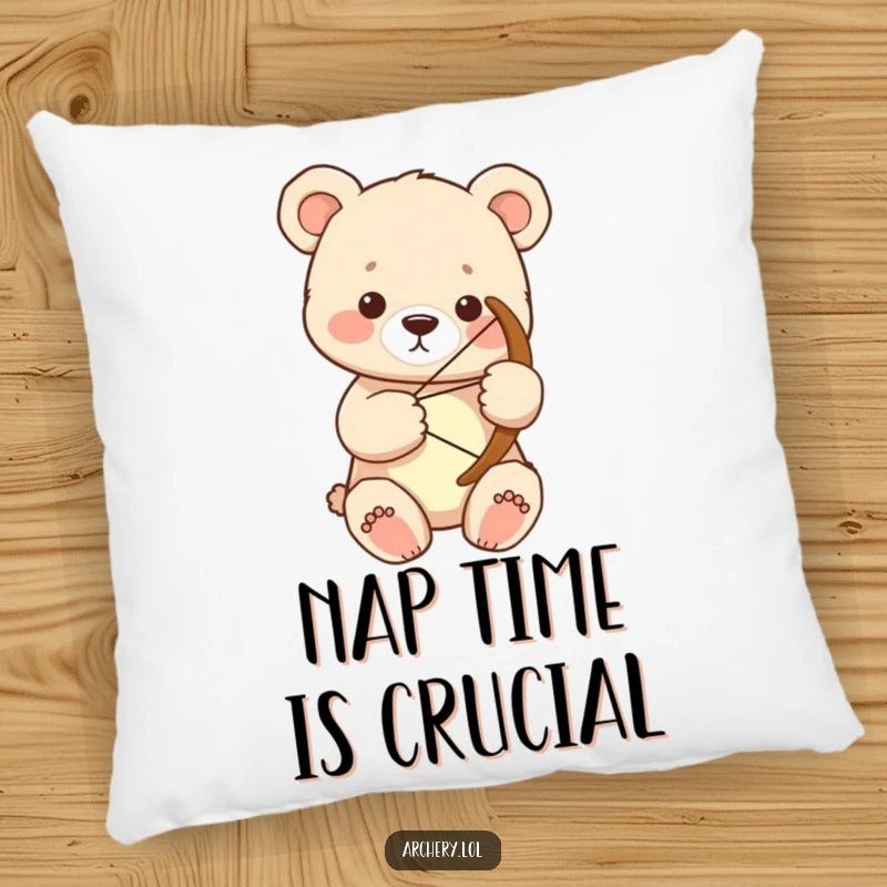 Funny bear cub archer pillow featuring a focused cub holding a large bow, offering comfort and humor.